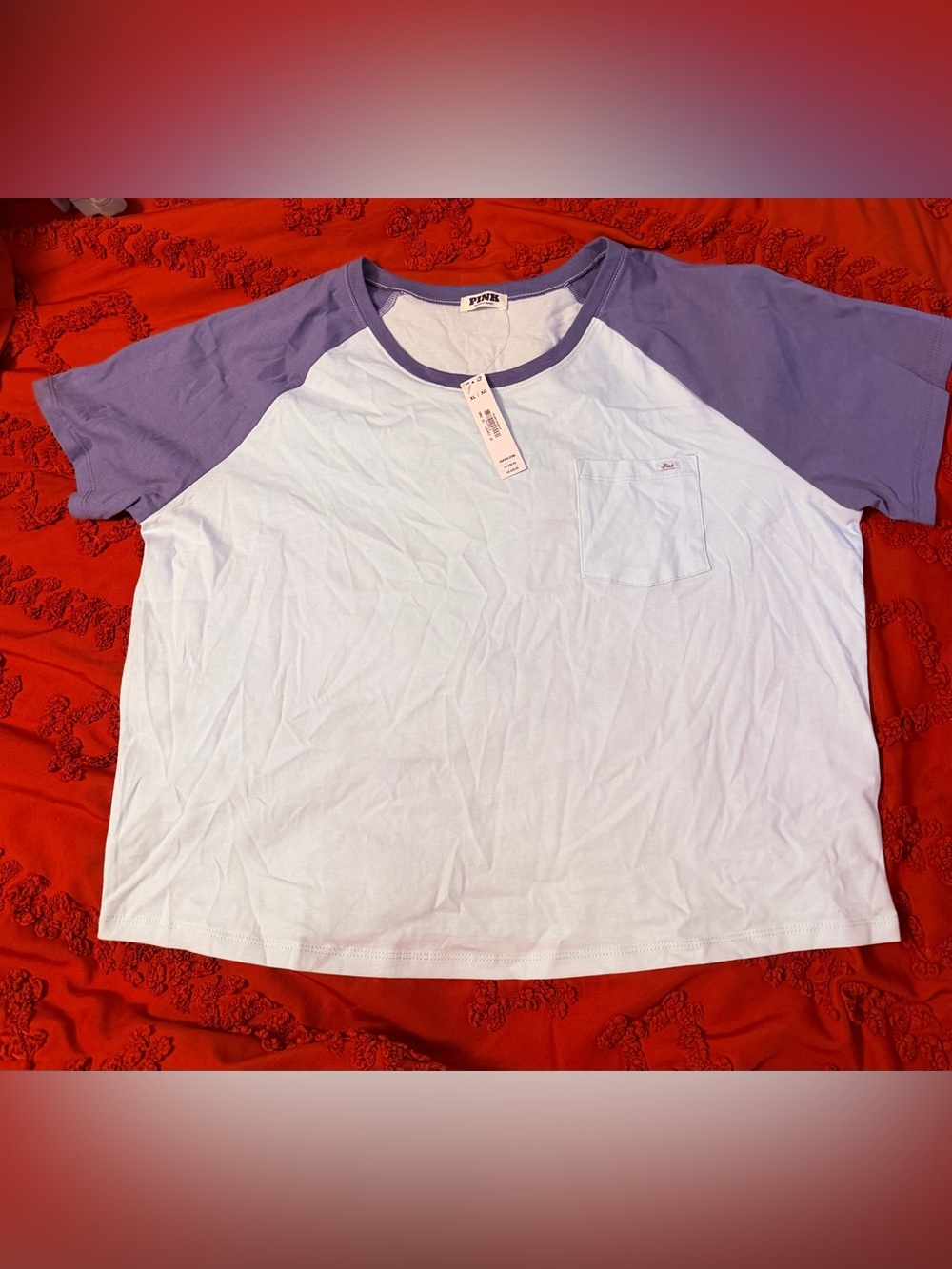 PINK Victoria's Secret White Tee with Lavender Raglan Sleeves